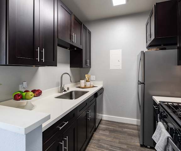 a kitchen with black cabinets and stainless steel appliances and a white counter top
