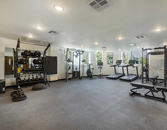 A spacious home gym with a variety of exercise equipment.