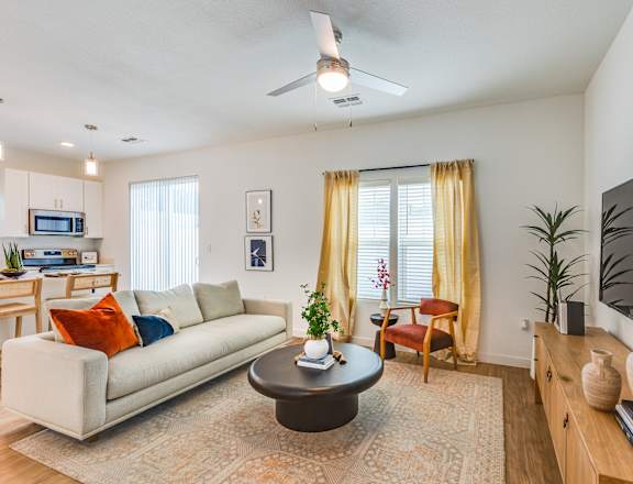 a living room with a couch and a coffee table