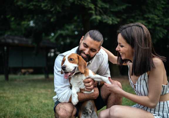 a man and woman playing with a dog
