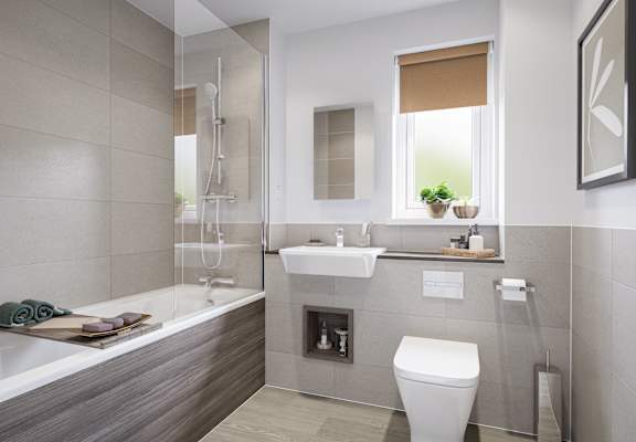 a bathroom with a toilet sink and bathtub in a 555 waverly unit