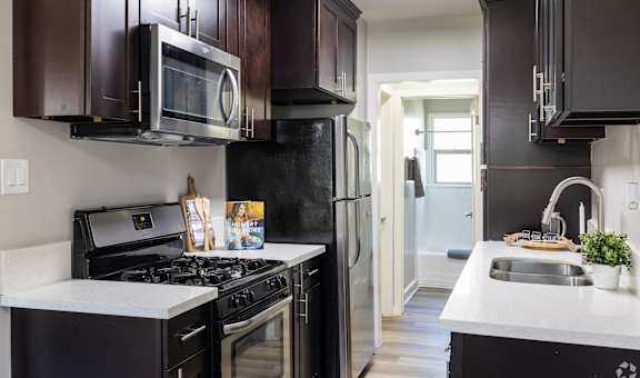 A kitchen with black cabinets and stainless steel appliances.