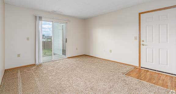 A room with a carpeted floor and a sliding glass door leading outside.