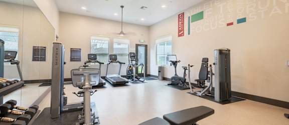 a gym with cardio machines and weights on the floor and a wall of windows