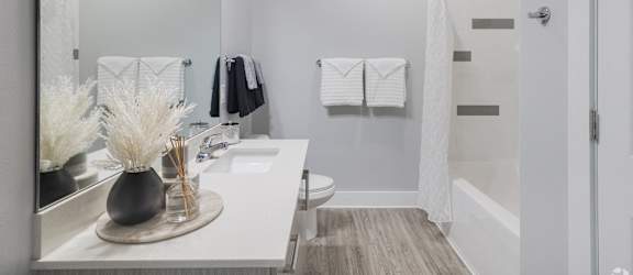 a bathroom with a shower and a sink and a mirror
