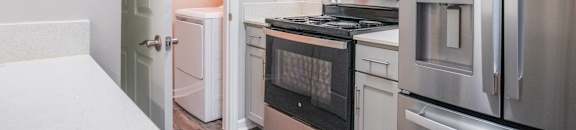 a kitchen with stainless steel appliances and white cabinets at Carlton Park Apartment Homes, Mississippi, 39232