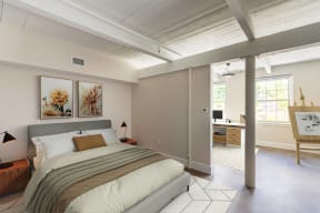 a bedroom with a bed and a desk in a room at Beverly Village for Living & the Arts Apartments, Massachusetts, 01915