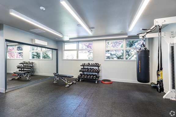 A gym with a punching bag, weights, and exercise equipment.