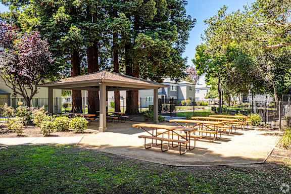A pavilion with picnic tables is surrounded by trees.