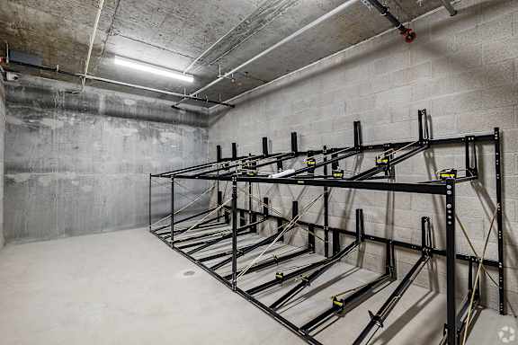 A storage room with a metal rack system.