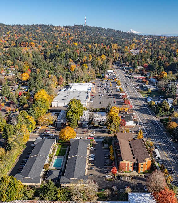 A view of a residential area with a road running through it.