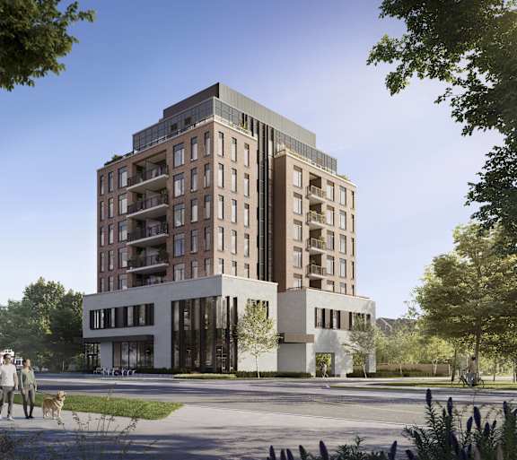 a rendering of a tall building with a street in front of it