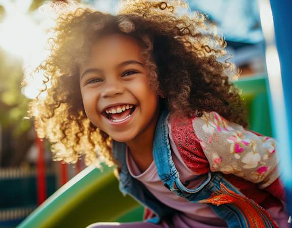 a little girl laughing on a playground slide
