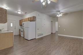 Spacious kitchen and living room layout in a Legend of Lindale 55+ community apartment