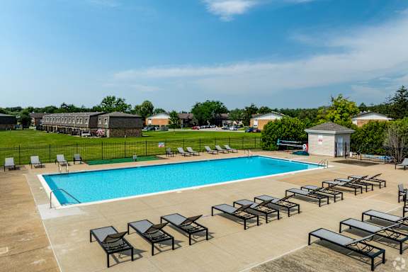 A large swimming pool surrounded by sun loungers.