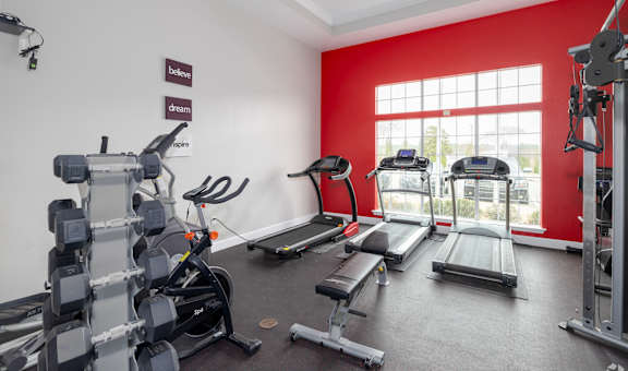 A gym with a row of treadmills and elliptical machines.