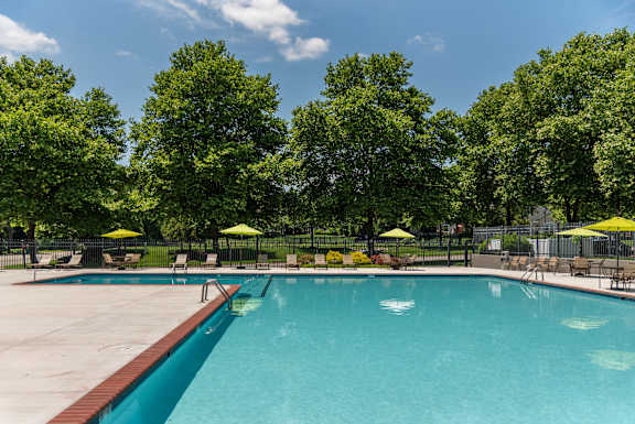 a swimming pool with trees and umbrellas in the background