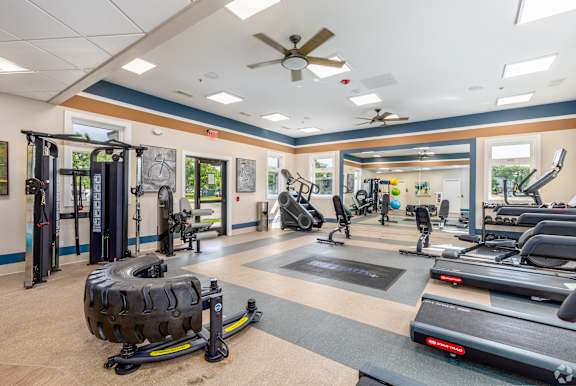 A gym with a variety of equipment including treadmills, elliptical machines, and weight machines.