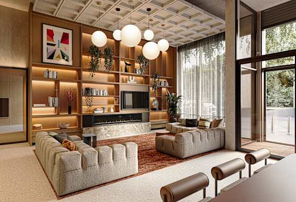 A modern living room with a fireplace and a large sofa.