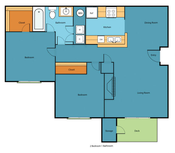 2 Bed 1 Bath Floor Plan at Serra Vista Apartment Homes, Lynnwood