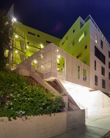 a view of the building at night