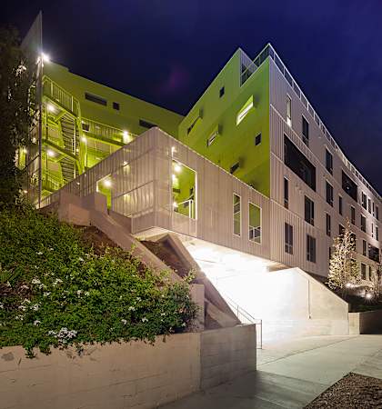 a view of the building at night