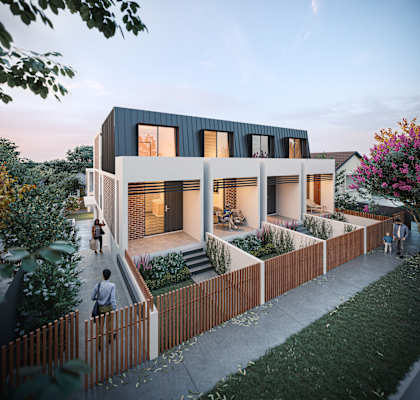 a rendering of a two story house with balconies and a garden