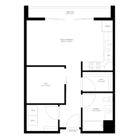 1 Bed - 1 Bath (Balcony) Floor Plan