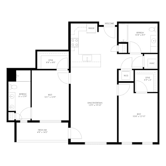UNIT 2B - 2D Floor Plan at Vicina - Modern Urban Flats, Troy, NY