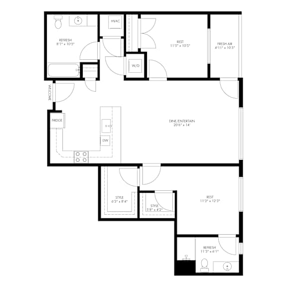 UNIT 2C - 2D Floor Plan at Vicina - Modern Urban Flats, Troy, New York