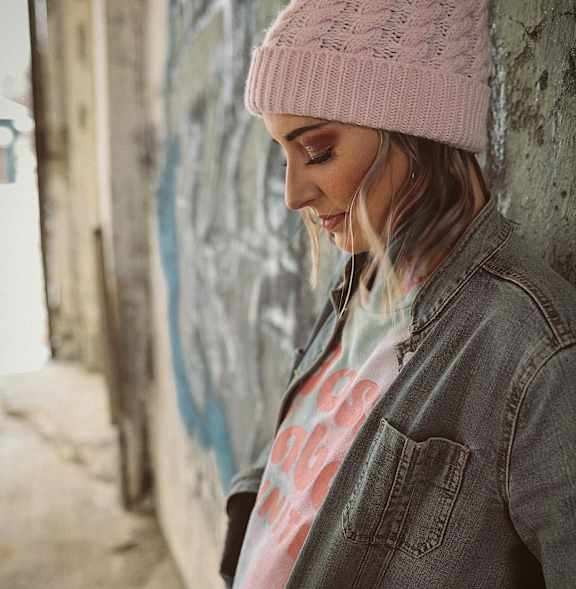 A woman wearing a pink beanie and a denim jacket is leaning against a wall.
