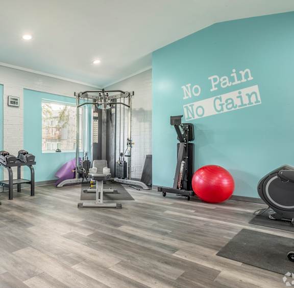 a gym with treadmills and other exercise equipment and a ceiling fan