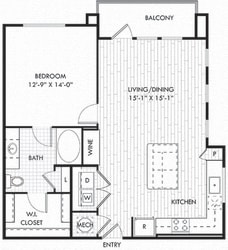 The Sanders. 1 bedroom apartment. Kitchen with bartop open to living/dinning rooms. 1 full bathroom. Walk-in closet. Patio/balcony.