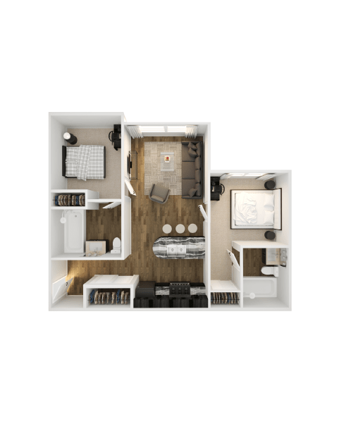 a furnished apartment with a bedroom and a living room