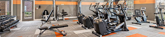 a gym with cardio equipment and weights at the apartments at The Met Apartment Homes, Hattiesburg, 39402