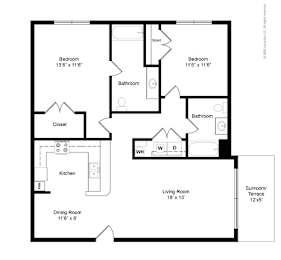 A black and white image of a house floor plan with a living room, two bedrooms, a dining room, a kitchen, two bathrooms, and a sunroom/terrace.