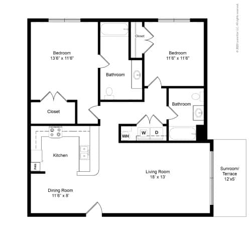 A black and white image of a house floor plan with a living room, two bedrooms, a dining room, a kitchen, two bathrooms, and a sunroom/terrace.