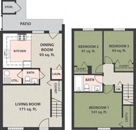  Floor Plan 3-Bedroom, 1 1/2-Bath