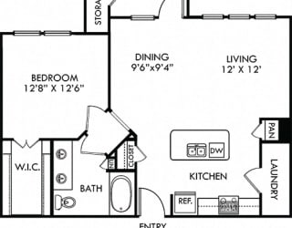 Paluxy. 1 bedroom apartment. Kitchen with island open to living/dinning rooms. 1 full bathroom with double vanity. Walk-in closet. Patio/balcony.
