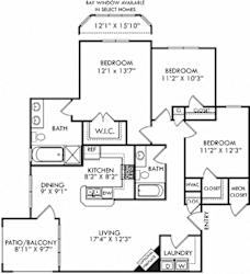 Augusta. 3 bedroom apartment. Kitchen with bartop open to living/dinning rooms. 2 full bathrooms, shower stall in master. Walk-in closet in master. Patio/balcony. Optional fireplace.