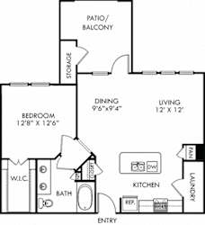 Paluxy. 1 bedroom apartment. Kitchen with island open to living/dinning rooms. 1 full bathroom with double vanity. Walk-in closet. Patio/balcony.