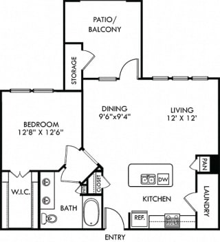 Paluxy. 1 bedroom apartment. Kitchen with island open to living/dinning rooms. 1 full bathroom with double vanity. Walk-in closet. Patio/balcony.