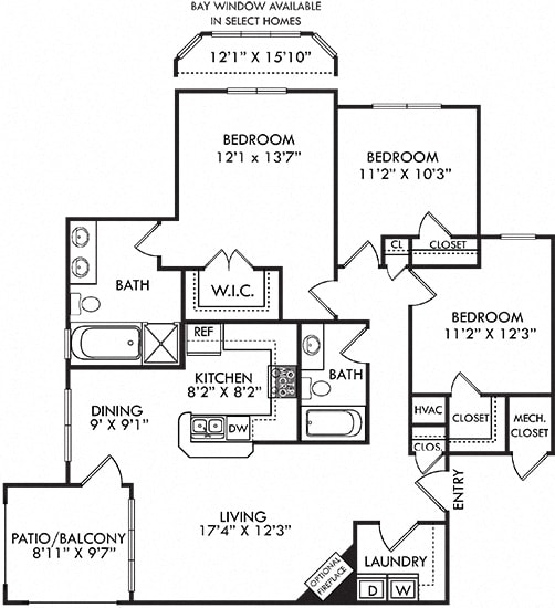 Augusta. 3 bedroom apartment. Kitchen with bartop open to living/dinning rooms. 2 full bathrooms, shower stall in master. Walk-in closet in master. Patio/balcony. Optional fireplace.