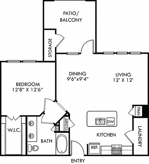 Paluxy. 1 bedroom apartment. Kitchen with island open to living/dinning rooms. 1 full bathroom with double vanity. Walk-in closet. Patio/balcony.