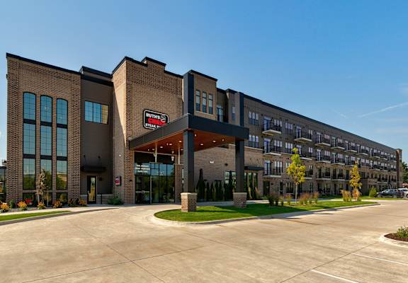 a large building with a sign on the front of it