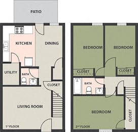  Floor Plan 3-Bed, 1-1/2-Bath, Townhome
