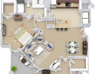 Sevilla 3D. 2 bedroom apartment. Kitchen with bartop open to living room. 2 full bathrooms, double vanities. Walk-in closets. Patio/balcony. External storage.