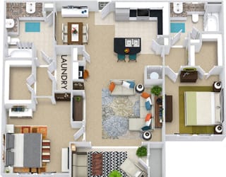 The Vancouver + Sunroom 3D. 2 bedroom apartment. Kitchen with bartop open to living/dining rooms. 2 full bathrooms, double vanity in master. Walk-in closets. Sunroom.