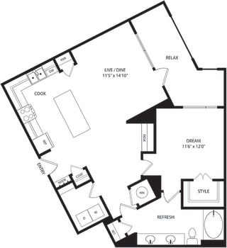1 bedroom, 1 bath floorplan. entry nook. L-shaped kitchen with island and Pantry. Open to Living/dining. Built-in desk. Double sink bath vanity. linen closet. Laundry room. large balcony.