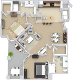 Sevilla 3D. 2 bedroom apartment. Kitchen with bartop open to living room. 2 full bathrooms, double vanities. Walk-in closets. Patio/balcony. External storage.